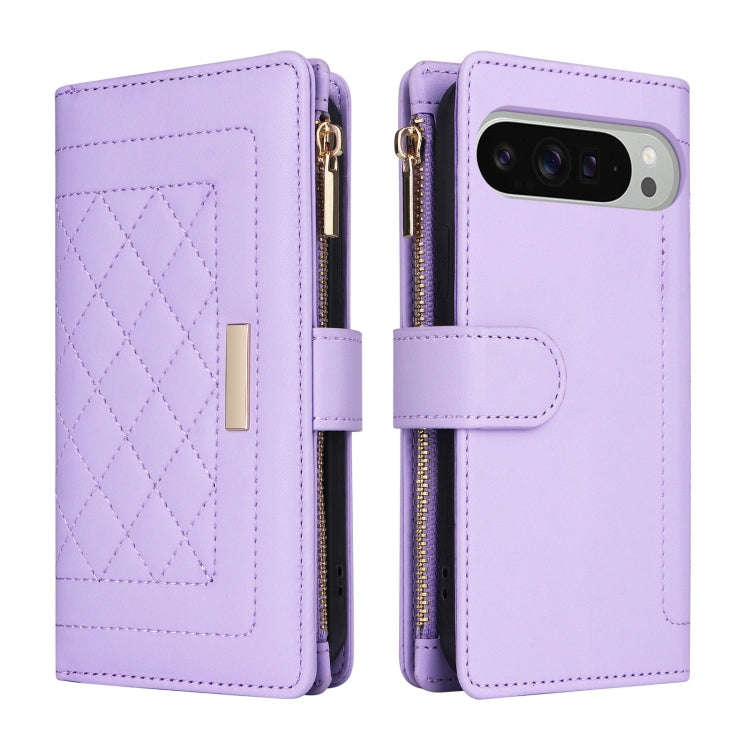 For Google Pixel 9 Pro XL Crossbody Zipper Wallet Rhombus Leather Phone Case(Purple)