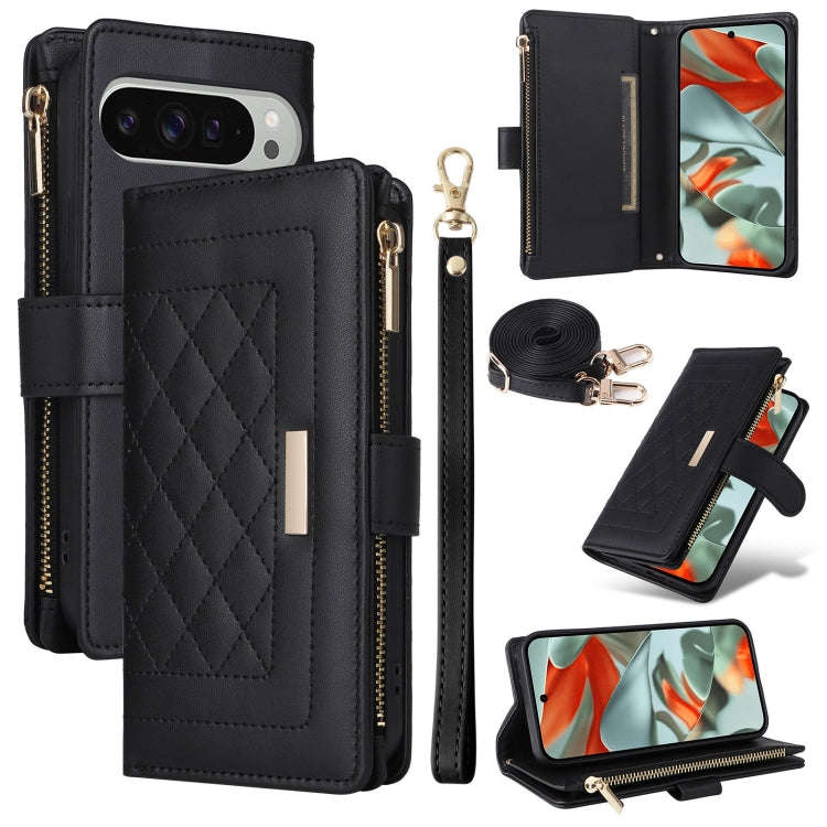 For Google Pixel 9 Pro XL Crossbody Zipper Wallet Rhombus Leather Phone Case(Black)