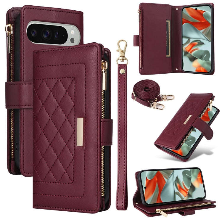 For Google Pixel 9 Pro XL Crossbody Zipper Wallet Rhombus Leather Phone Case(Wine Red)