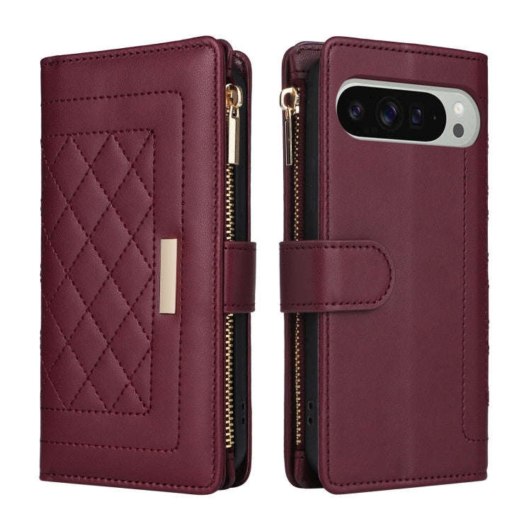 For Google Pixel 9 Pro XL Crossbody Zipper Wallet Rhombus Leather Phone Case(Wine Red)