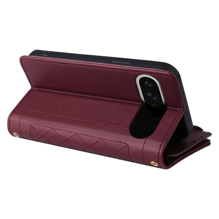 For Google Pixel 9 Pro XL Crossbody Zipper Wallet Rhombus Leather Phone Case(Wine Red)