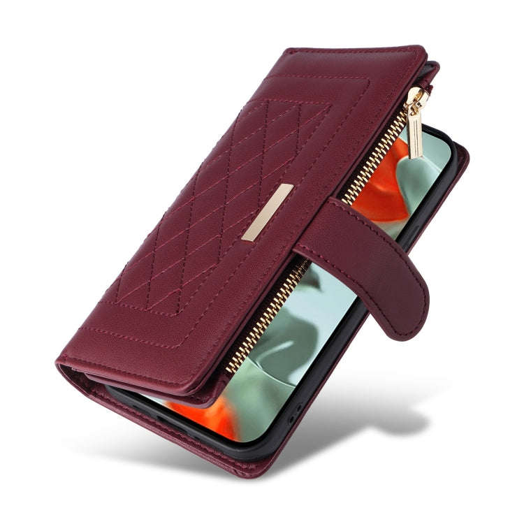 For Google Pixel 9 Pro XL Crossbody Zipper Wallet Rhombus Leather Phone Case(Wine Red)
