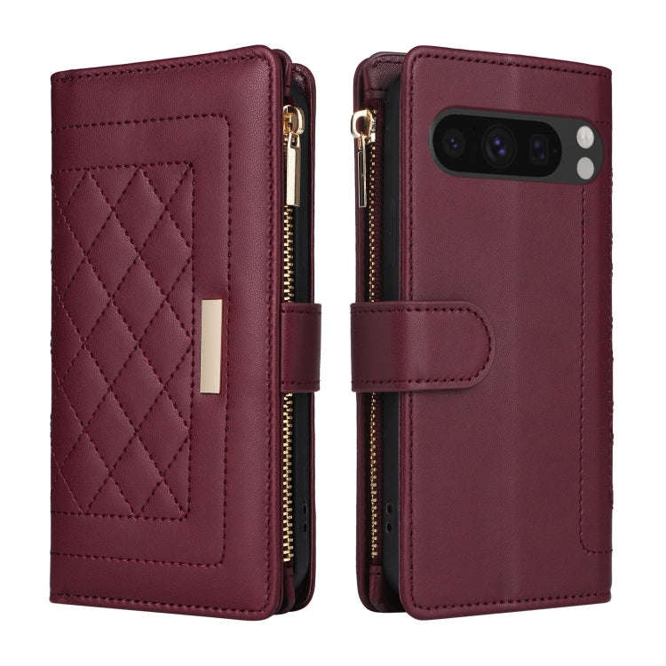For Google Pixel 8 Pro Crossbody Zipper Wallet Rhombus Leather Phone Case(Wine Red)