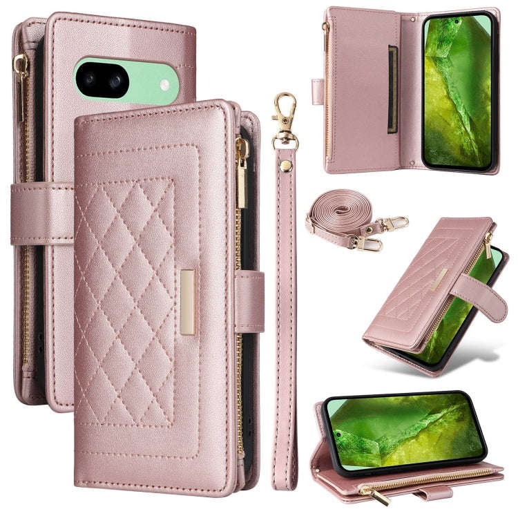 For Google Pixel 8a Crossbody Zipper Wallet Rhombus Leather Phone Case(Rose Gold)