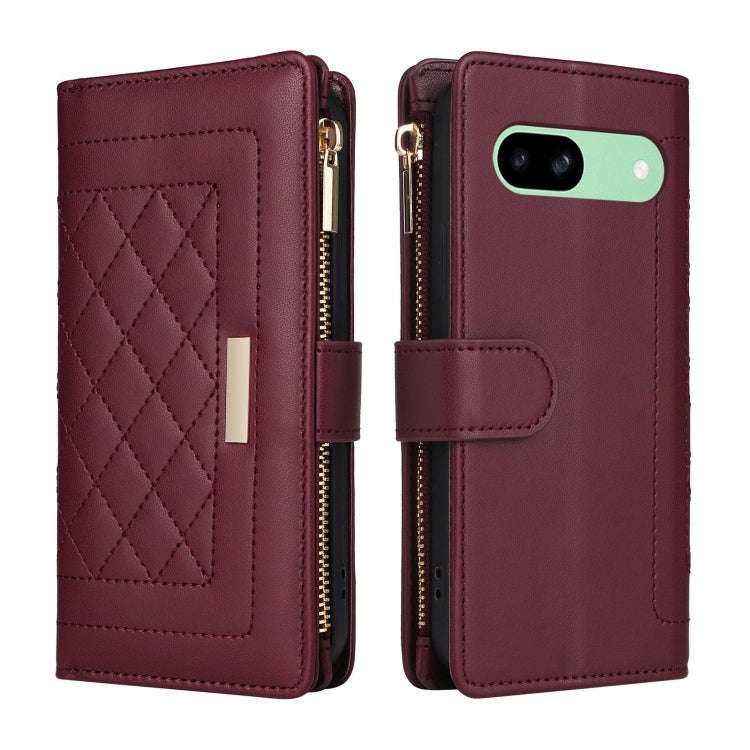 For Google Pixel 8a Crossbody Zipper Wallet Rhombus Leather Phone Case(Wine Red)