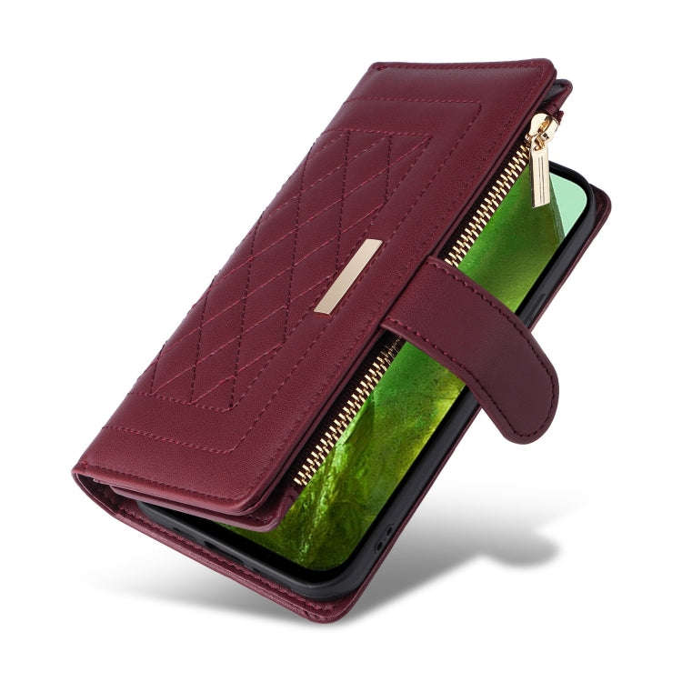 For Google Pixel 8a Crossbody Zipper Wallet Rhombus Leather Phone Case(Wine Red)