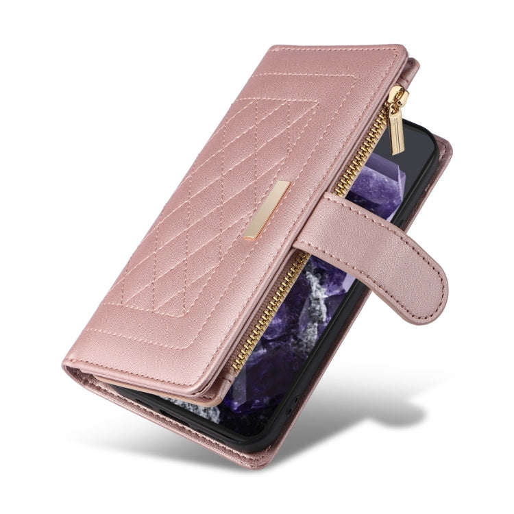 For Google Pixel 8 Crossbody Zipper Wallet Rhombus Leather Phone Case(Rose Gold)