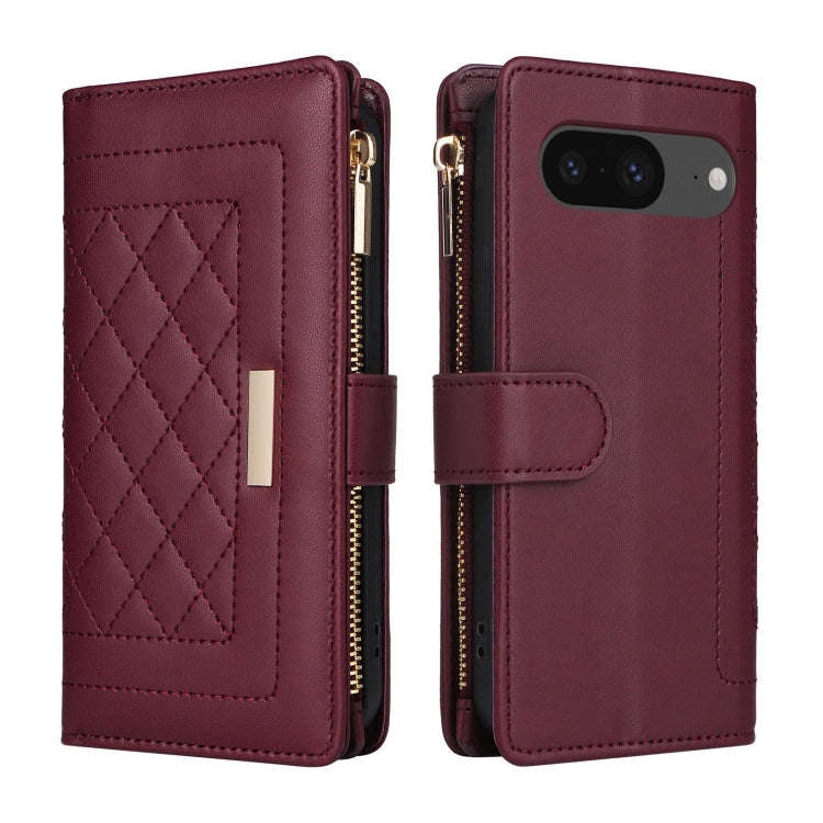 For Google Pixel 8 Crossbody Zipper Wallet Rhombus Leather Phone Case(Wine Red)