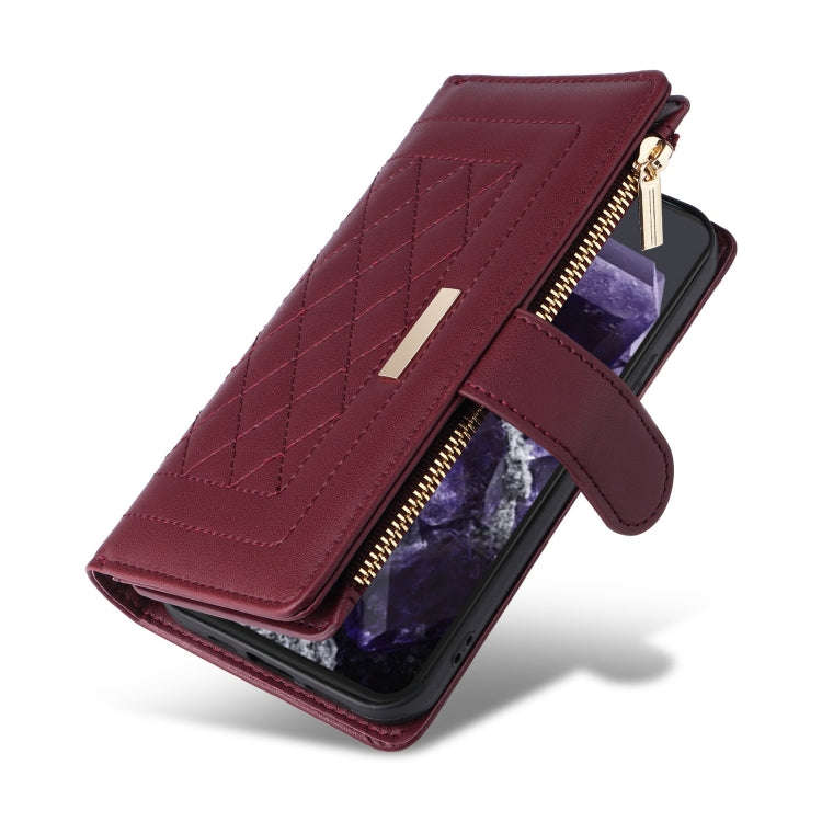 For Google Pixel 8 Crossbody Zipper Wallet Rhombus Leather Phone Case(Wine Red)