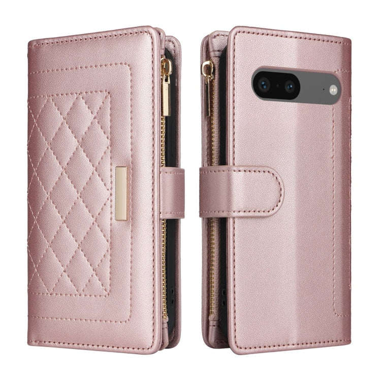 For Google Pixel 7 Crossbody Zipper Wallet Rhombus Leather Phone Case(Rose Gold)