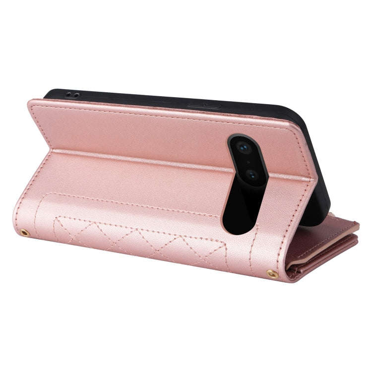 For Google Pixel 7 Crossbody Zipper Wallet Rhombus Leather Phone Case(Rose Gold)