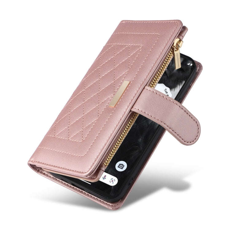 For Google Pixel 7 Crossbody Zipper Wallet Rhombus Leather Phone Case(Rose Gold)
