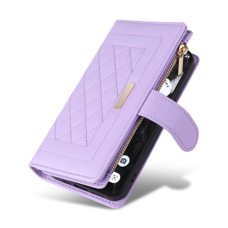 For Google Pixel 7 Crossbody Zipper Wallet Rhombus Leather Phone Case(Purple)