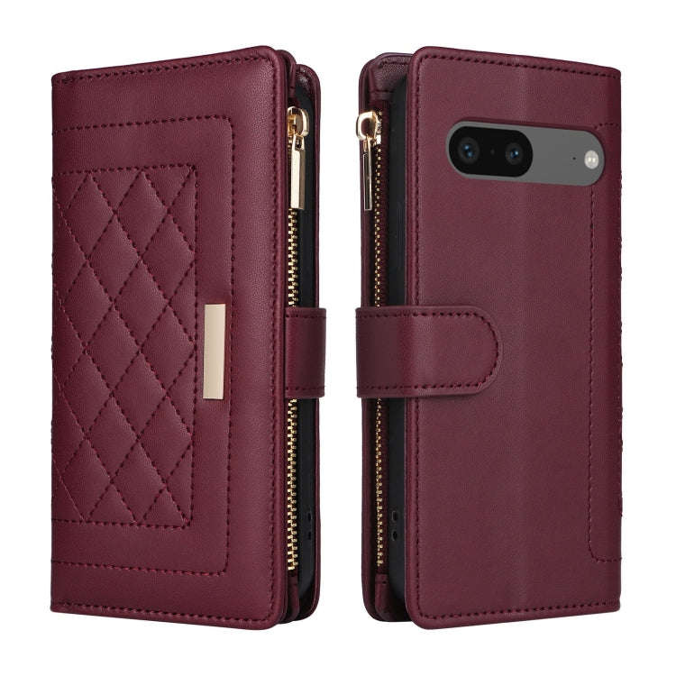 For Google Pixel 7 Crossbody Zipper Wallet Rhombus Leather Phone Case(Wine Red)