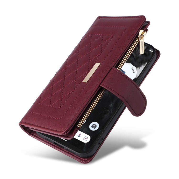 For Google Pixel 7 Crossbody Zipper Wallet Rhombus Leather Phone Case(Wine Red)