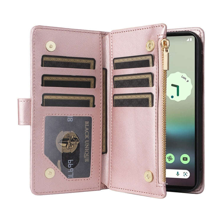 For Google Pixel 7a Crossbody Zipper Wallet Rhombus Leather Phone Case(Rose Gold)