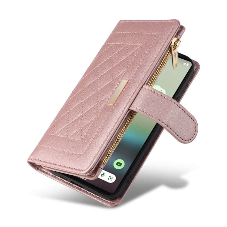 For Google Pixel 7a Crossbody Zipper Wallet Rhombus Leather Phone Case(Rose Gold)