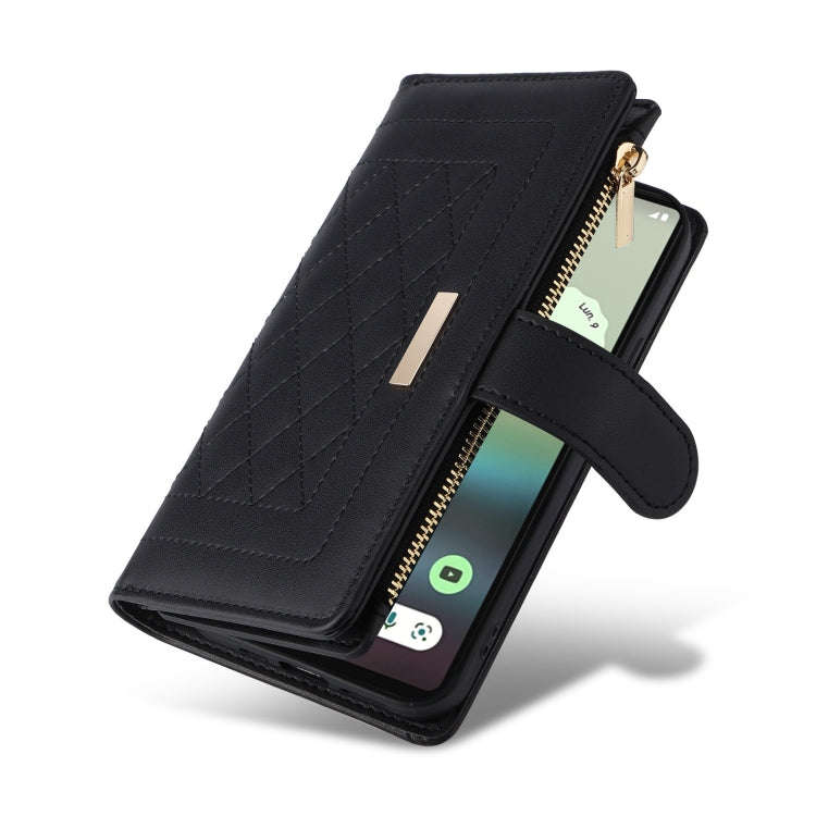 For Google Pixel 7a Crossbody Zipper Wallet Rhombus Leather Phone Case(Black)