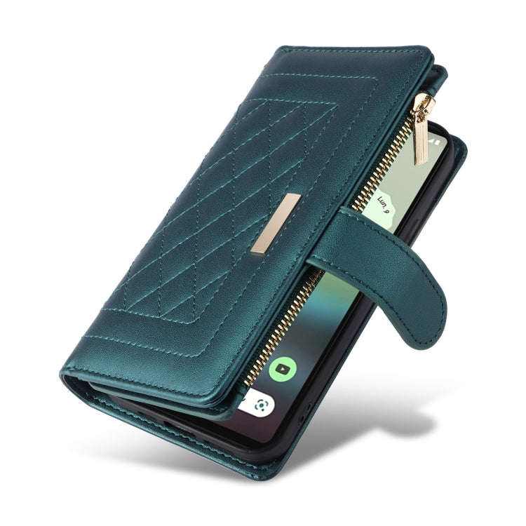 For Google Pixel 7a Crossbody Zipper Wallet Rhombus Leather Phone Case(Green)