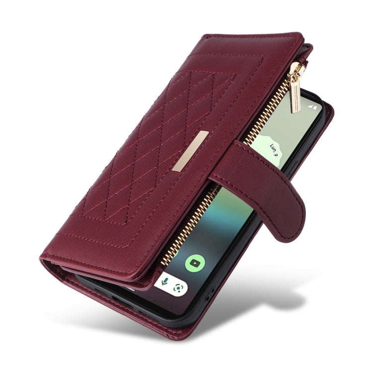 For Google Pixel 7a Crossbody Zipper Wallet Rhombus Leather Phone Case(Wine Red)