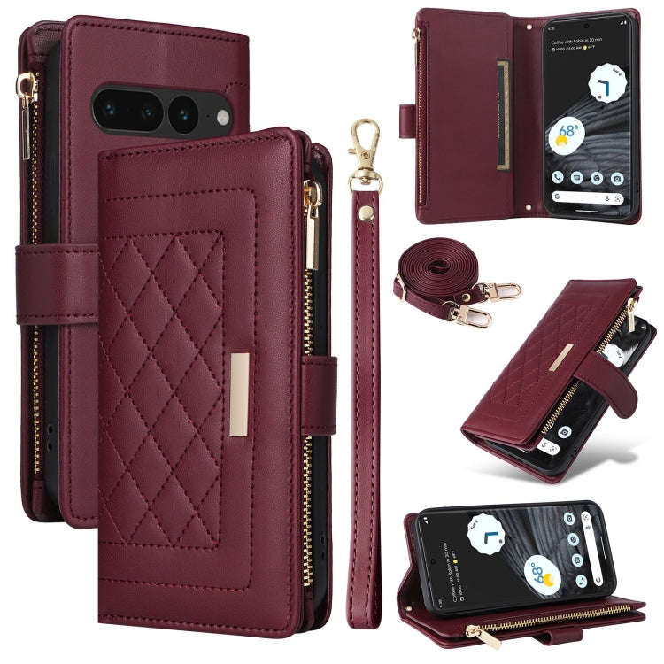 For Google Pixel 7 Pro Crossbody Zipper Wallet Rhombus Leather Phone Case(Wine Red)