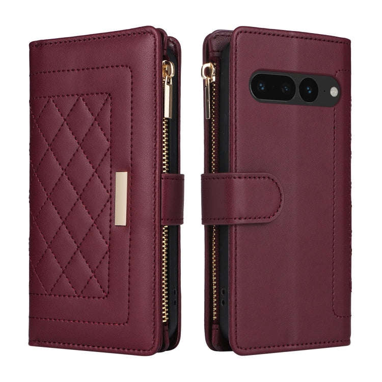 For Google Pixel 7 Pro Crossbody Zipper Wallet Rhombus Leather Phone Case(Wine Red)