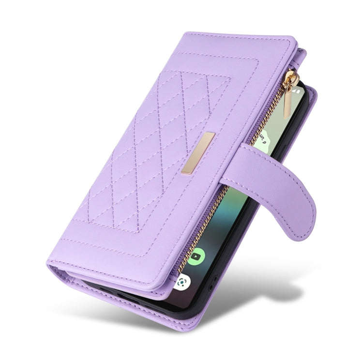 For Google Pixel 6a Crossbody Zipper Wallet Rhombus Leather Phone Case(Purple)