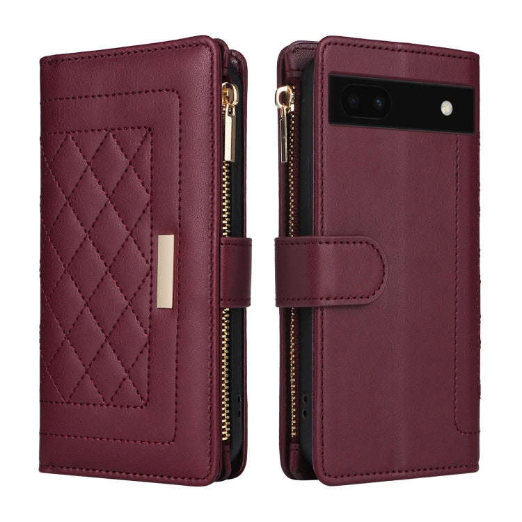 For Google Pixel 6a Crossbody Zipper Wallet Rhombus Leather Phone Case(Wine Red)