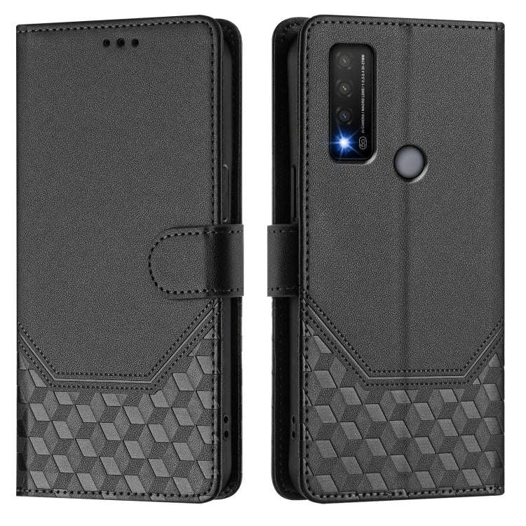 For TCL 20R Honeycomb Embossing RFID Leather Phone Case(Black)