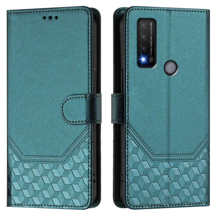 For TCL 20R Honeycomb Embossing RFID Leather Phone Case(Peacock Green)