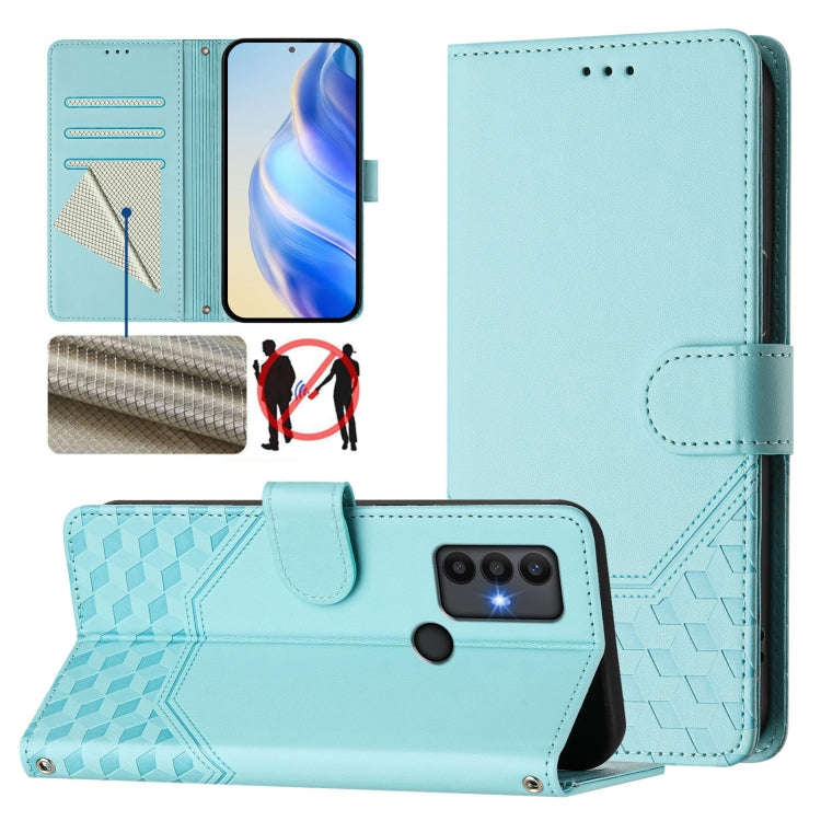 For TCL 30 SE Honeycomb Embossing RFID Leather Phone Case(Mint Green)