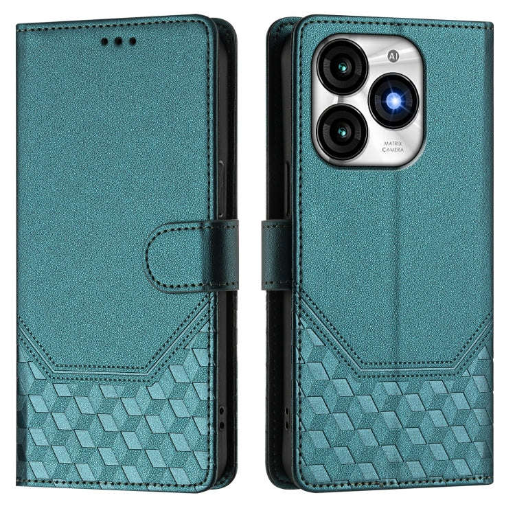 For itel A70 Honeycomb Embossing RFID Leather Phone Case(Peacock Green)