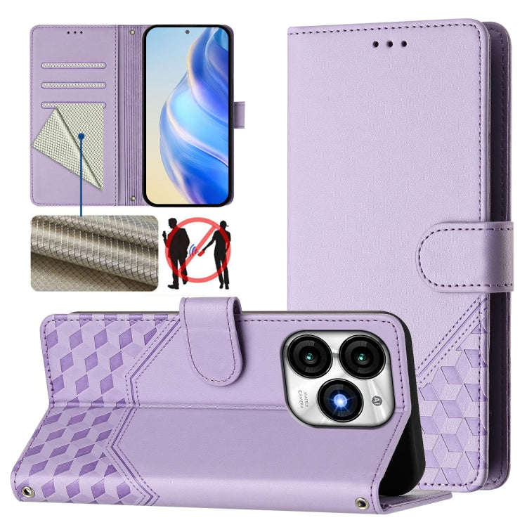 For itel A70 Honeycomb Embossing RFID Leather Phone Case(Light Purple)
