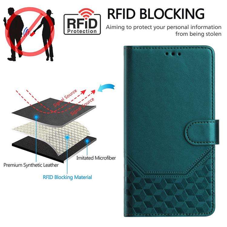 For Honor X6c 4G Honeycomb Embossing RFID Leather Phone Case(Peacock Green)