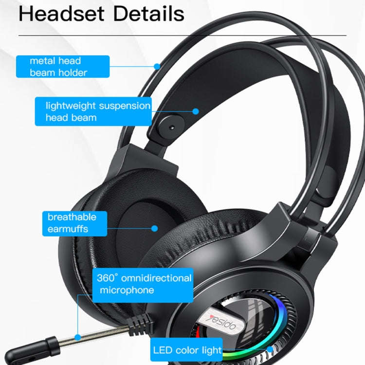 Yesido EK02 Head-mounted Gaming Wired Earphone with RGB Fixed Color Light(Black)