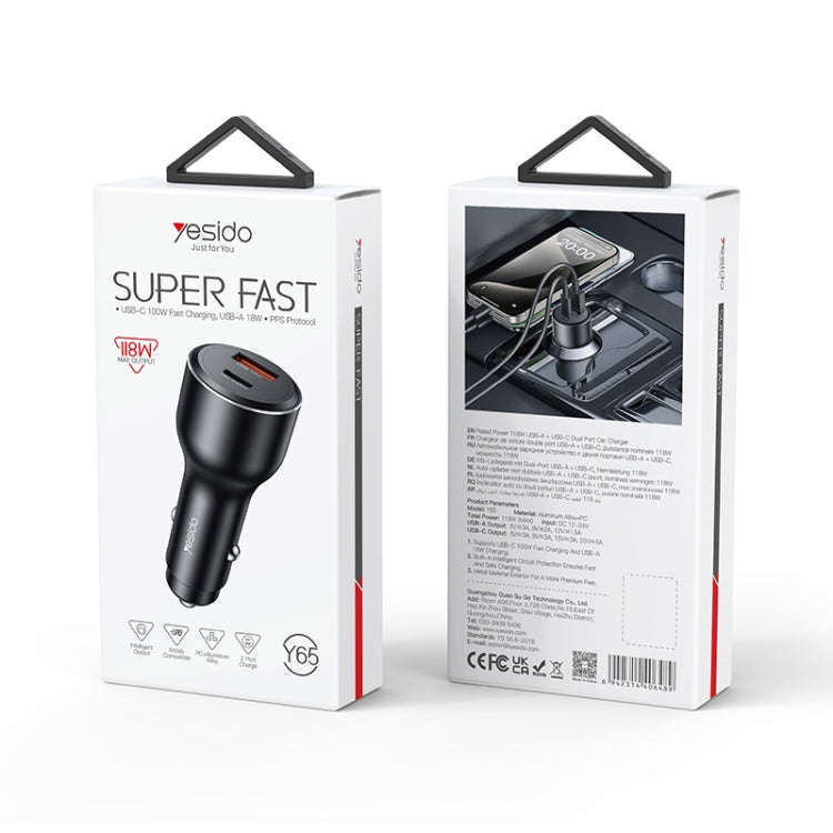 Yesido Y65 PD100W Type-C + QC18W USB Super Fast Car Charger(Black)