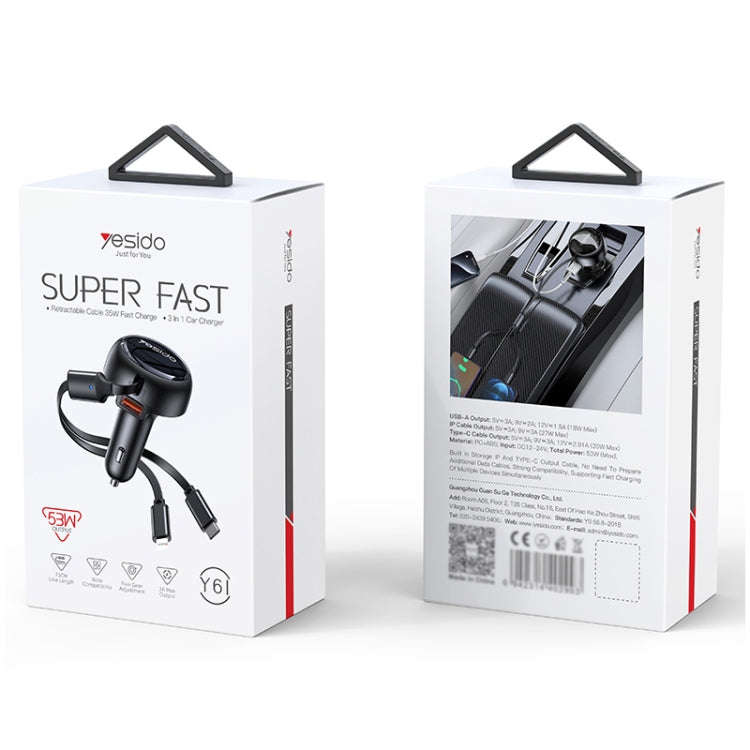 Yesido Y61 53W Type-C + 8 Pin Retractable Cable 3 in 1 Car Charger(Black)