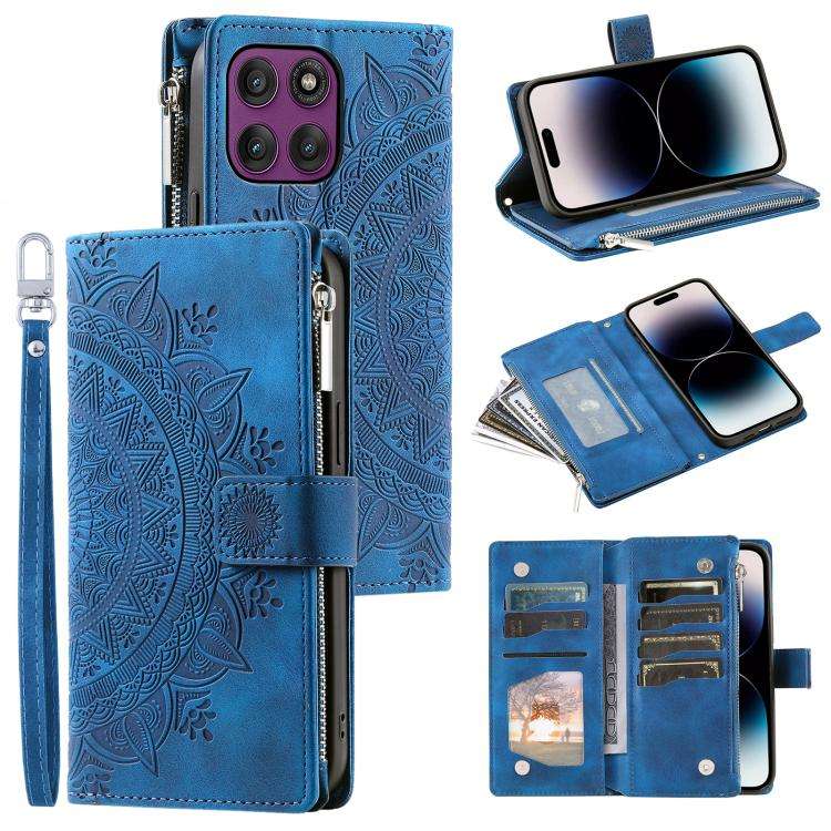For Motorola Edge 60 Pro Multi-Card Totem Zipper Leather Phone Case(Blue)
