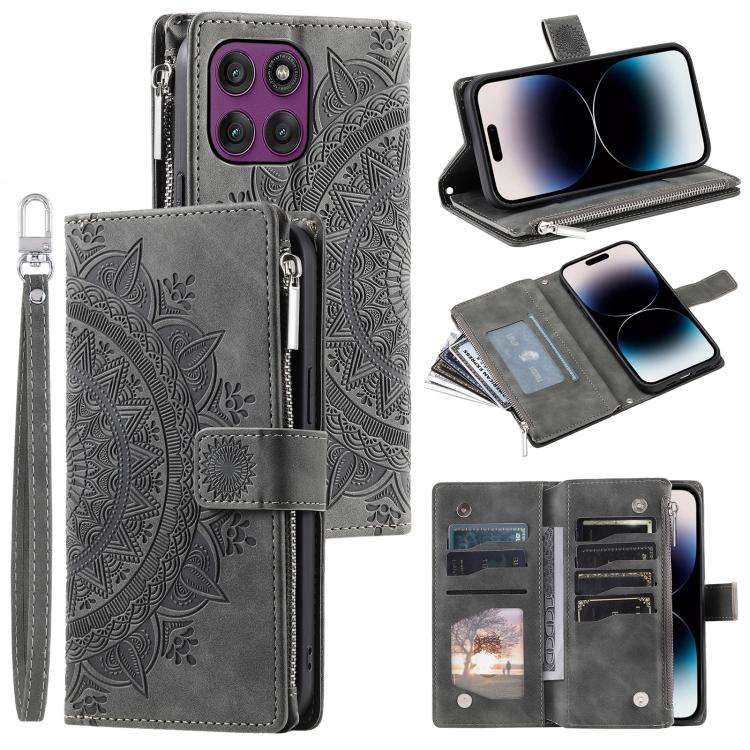 For Motorola Edge 60 Pro Multi-Card Totem Zipper Leather Phone Case(Grey)