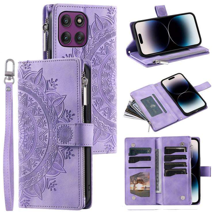 For Motorola Edge 60 Pro Multi-Card Totem Zipper Leather Phone Case(Purple)