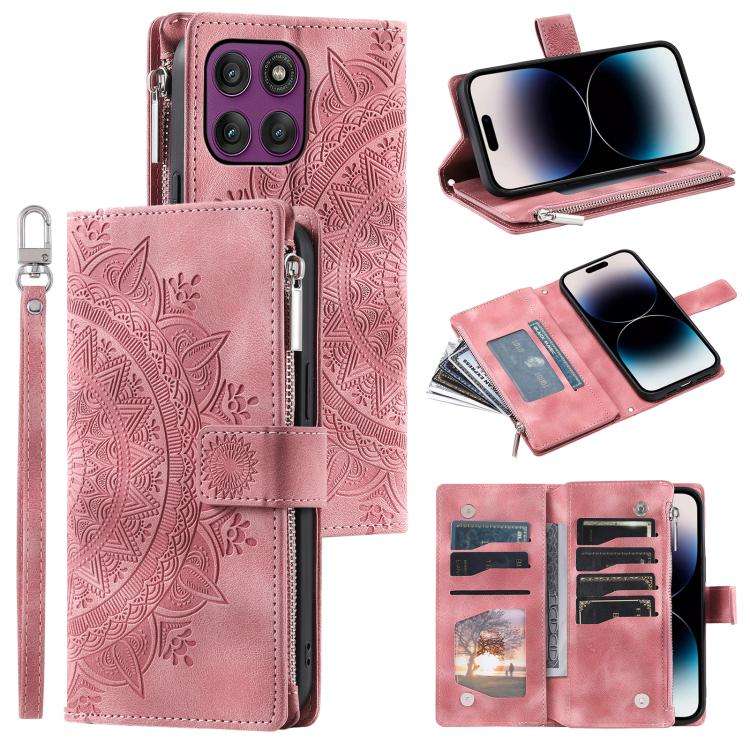 For Motorola Edge 60 Pro Multi-Card Totem Zipper Leather Phone Case(Pink)