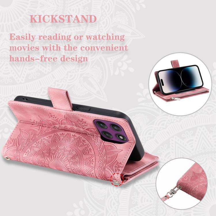 For Motorola Edge 60 Pro Multi-Card Totem Zipper Leather Phone Case(Pink)
