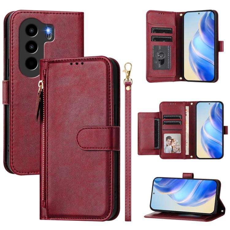 For Itel Power 70 Multi-Card Slots Zipper Wallet Leather Phone Case(Dark Red)
