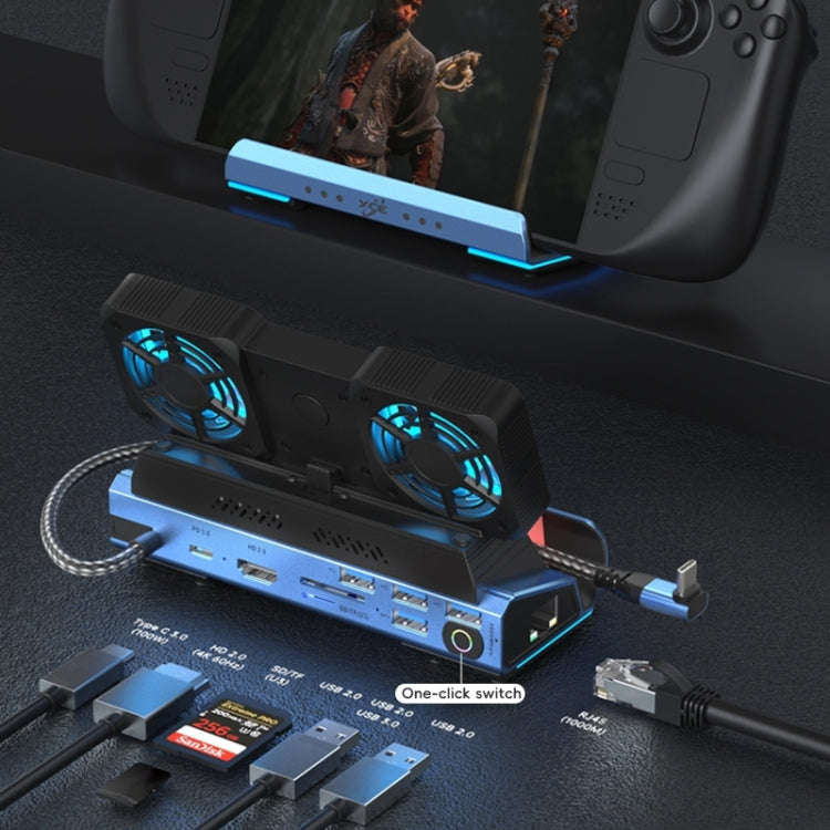 YCE-V279A 9 in 1 USB-C Gaming Dock Station with Detachable Fan(Blue Black)