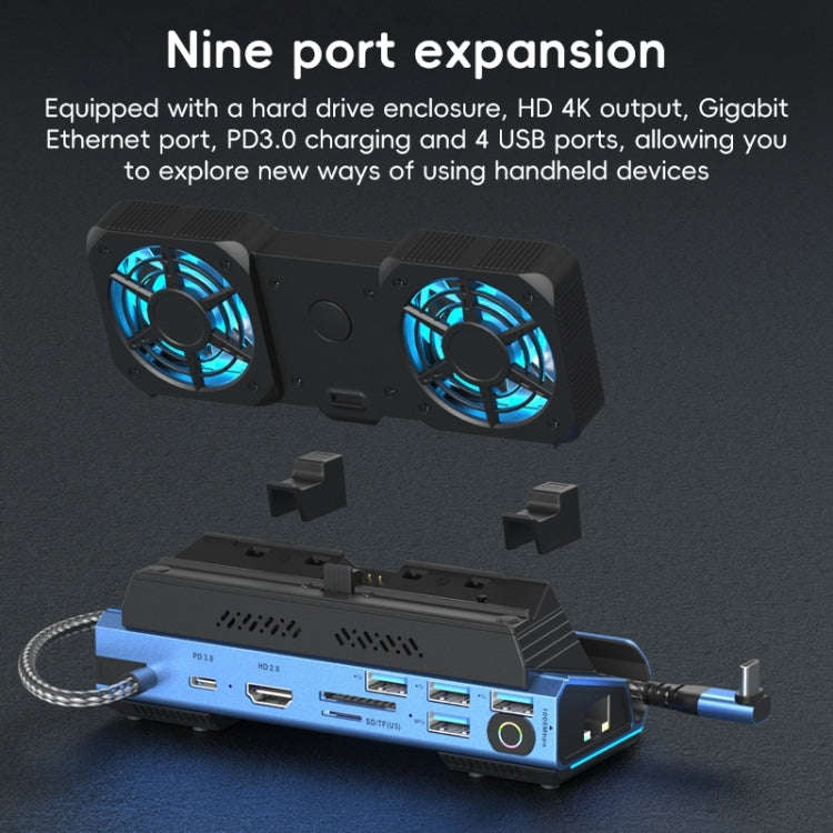 YCE-V279A 9 in 1 USB-C Gaming Dock Station with Detachable Fan(Blue Black)