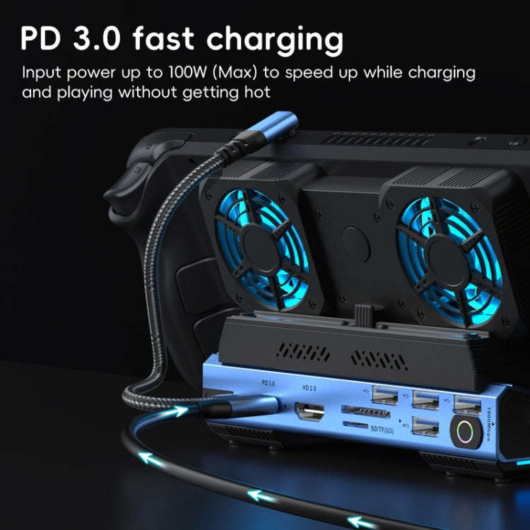 YCE-V279A 9 in 1 USB-C Gaming Dock Station with Detachable Fan(Blue Black)