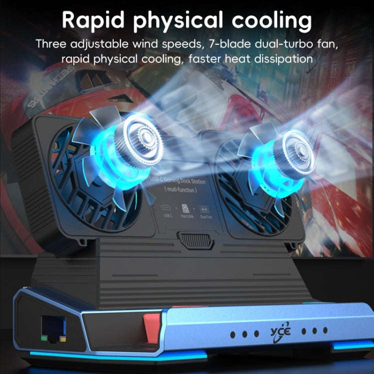 YCE-V279A 9 in 1 USB-C Gaming Dock Station with Detachable Fan(Blue Black)