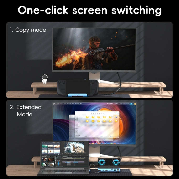 YCE-V279A 9 in 1 USB-C Gaming Dock Station with Detachable Fan(Blue Black)
