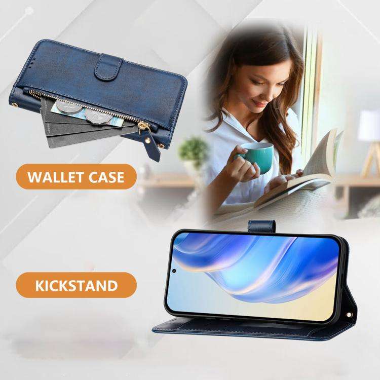 For Honor X6c 4G Multi-Card Slots Zipper Wallet Leather Phone Case(Blue)