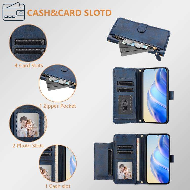 For Honor X6c 4G Multi-Card Slots Zipper Wallet Leather Phone Case(Blue)